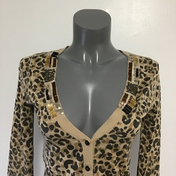La Chapelle Leopard Print Deep V-Neck Button Front Cardigan Size XS - Picture 2 of 12
